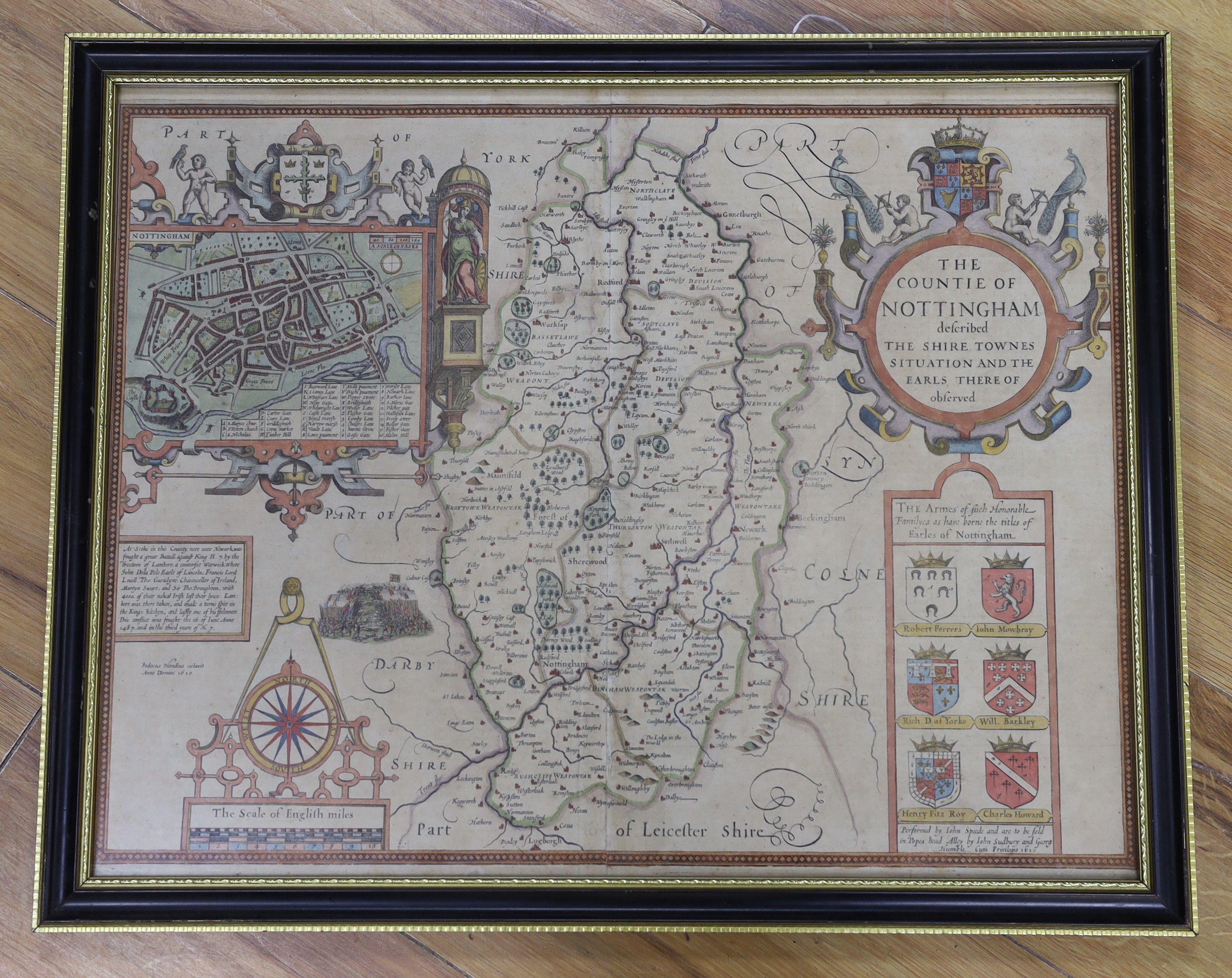 John Speede, coloured engraving, Map of Nottingham 1610, English text verso, 40 x 51cm
